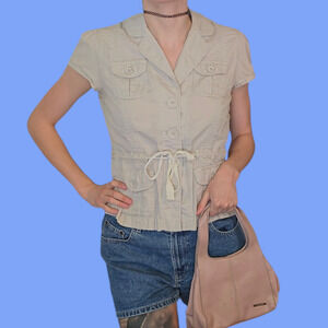 Y2k Ann Taylor Loft Khaki Short Sleeve Button Up Size M